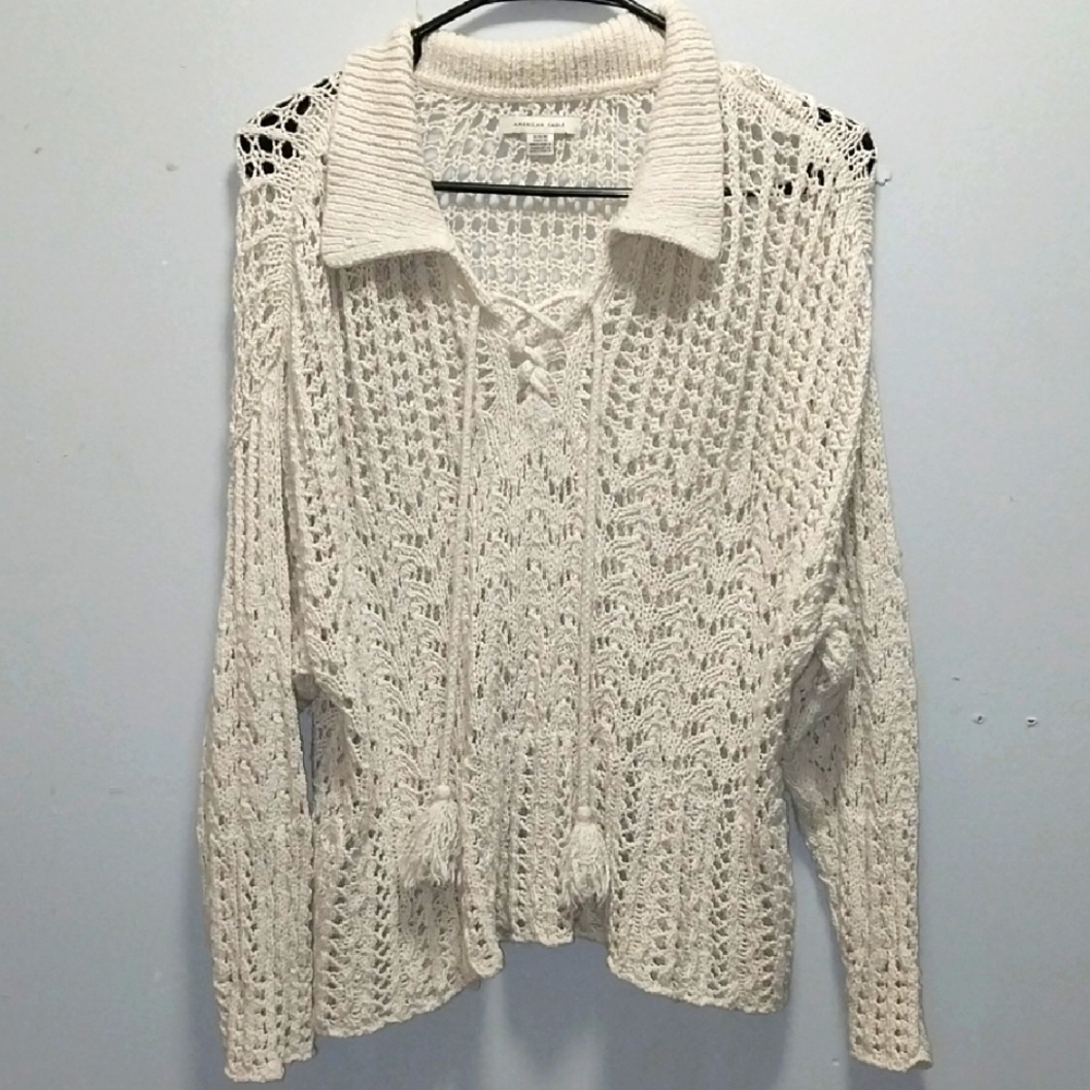 American Eagle Outfitters Cream V-Neck Crocheted Sweater Medium